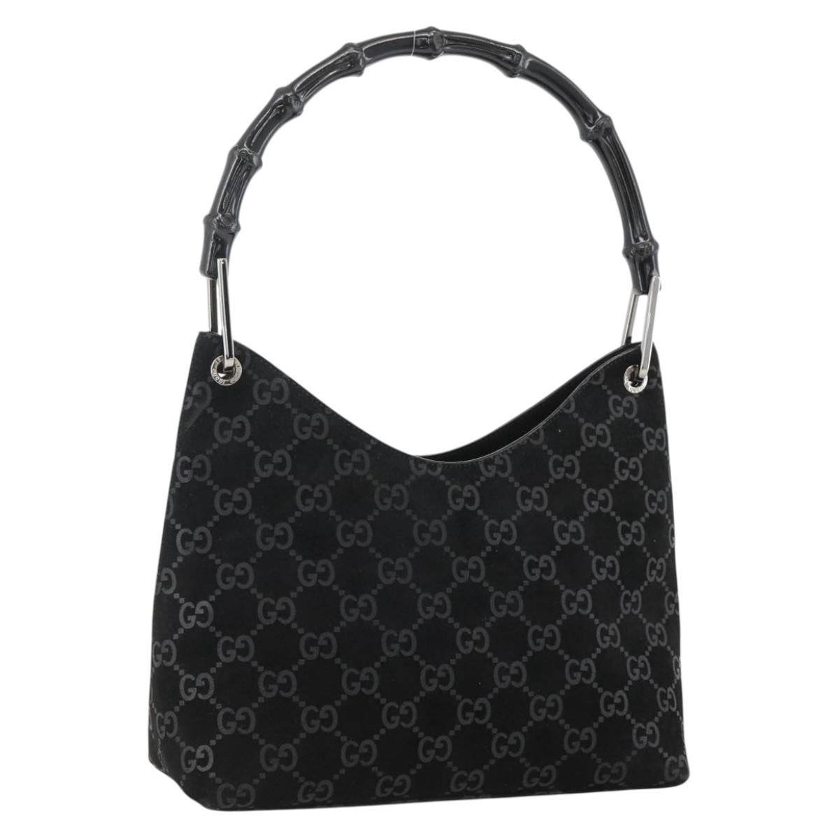 GUCCI GG Canvas Bamboo Shoulder Bag Suede Black Silver 001 3008 Auth BSZ373