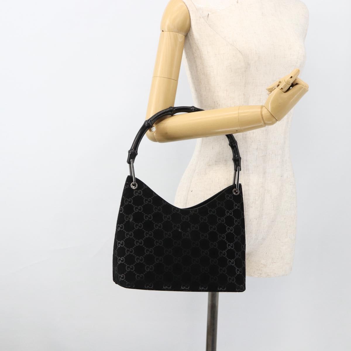 GUCCI GG Canvas Bamboo Shoulder Bag Suede Black Silver 001 3008 Auth BSZ373