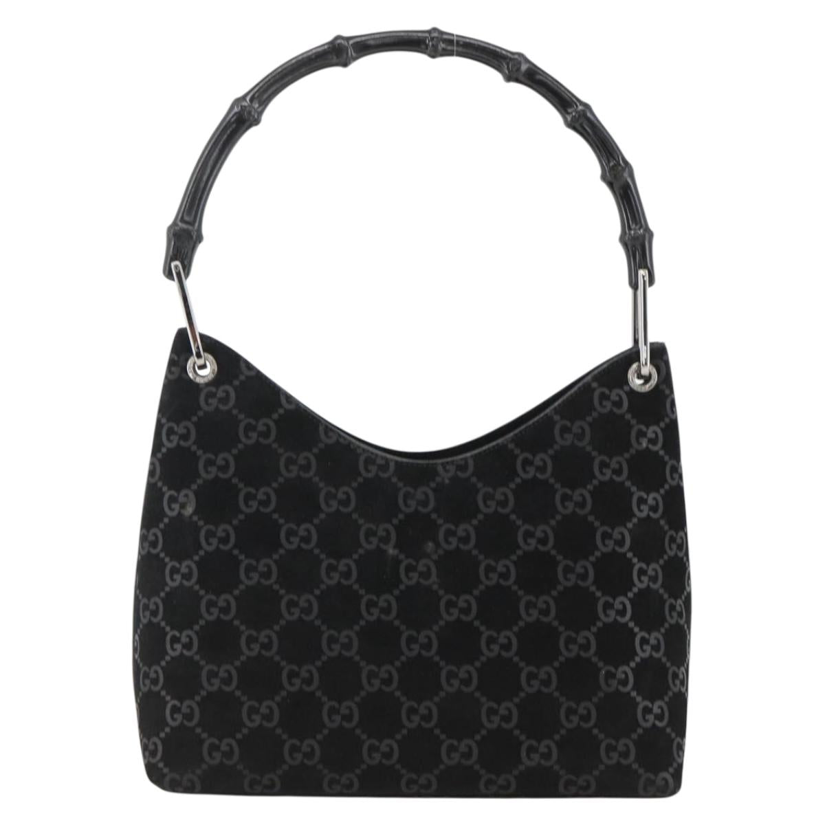 GUCCI GG Canvas Bamboo Shoulder Bag Suede Black Silver 001 3008 Auth BSZ373