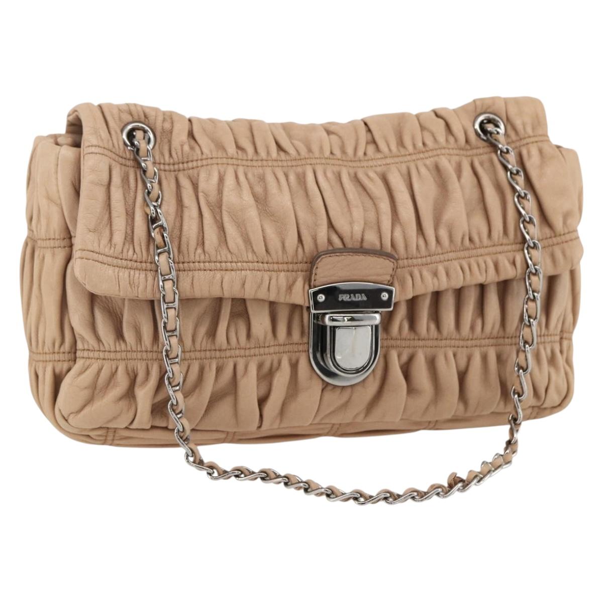 PRADA Chain Shoulder Bag Leather Beige Silver Auth BSZ397