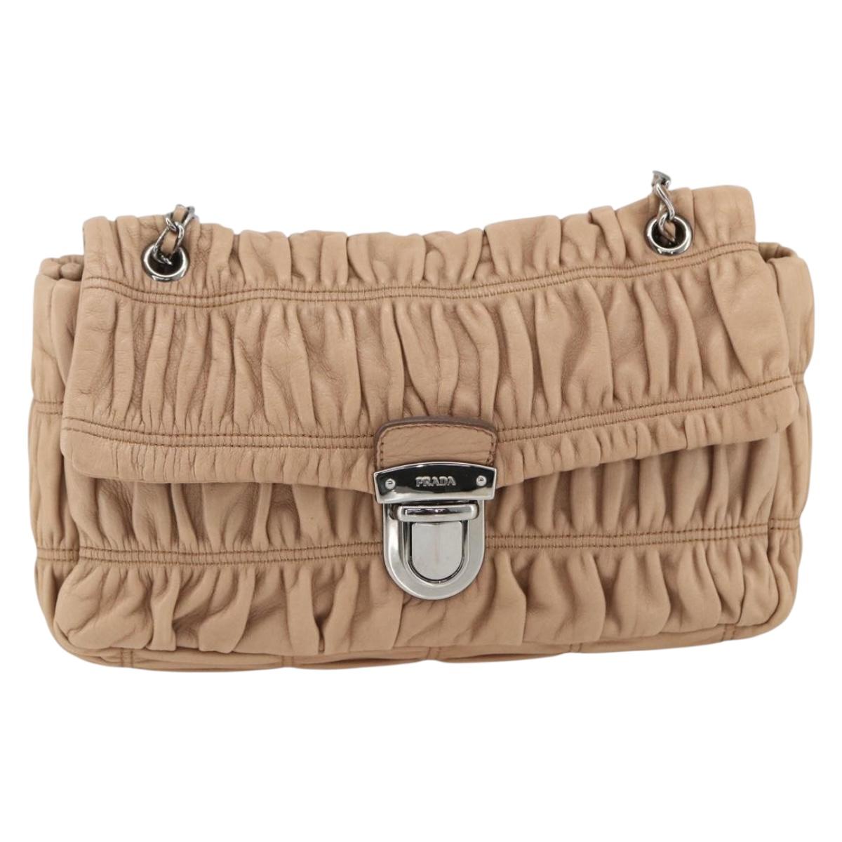 PRADA Chain Shoulder Bag Leather Beige Silver Auth BSZ397