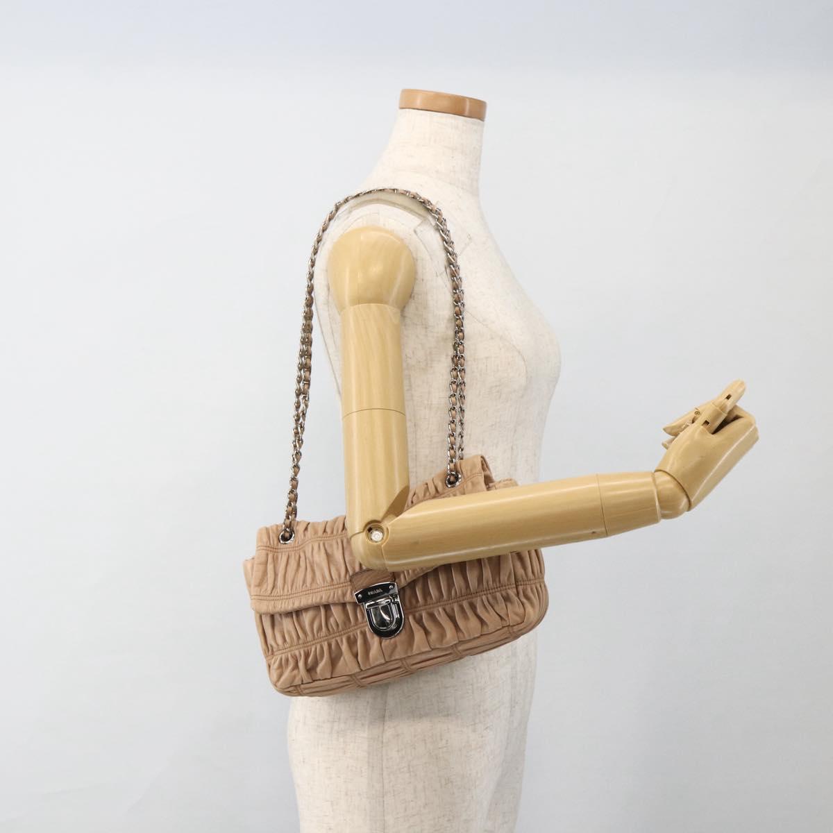 PRADA Chain Shoulder Bag Leather Beige Silver Auth BSZ397