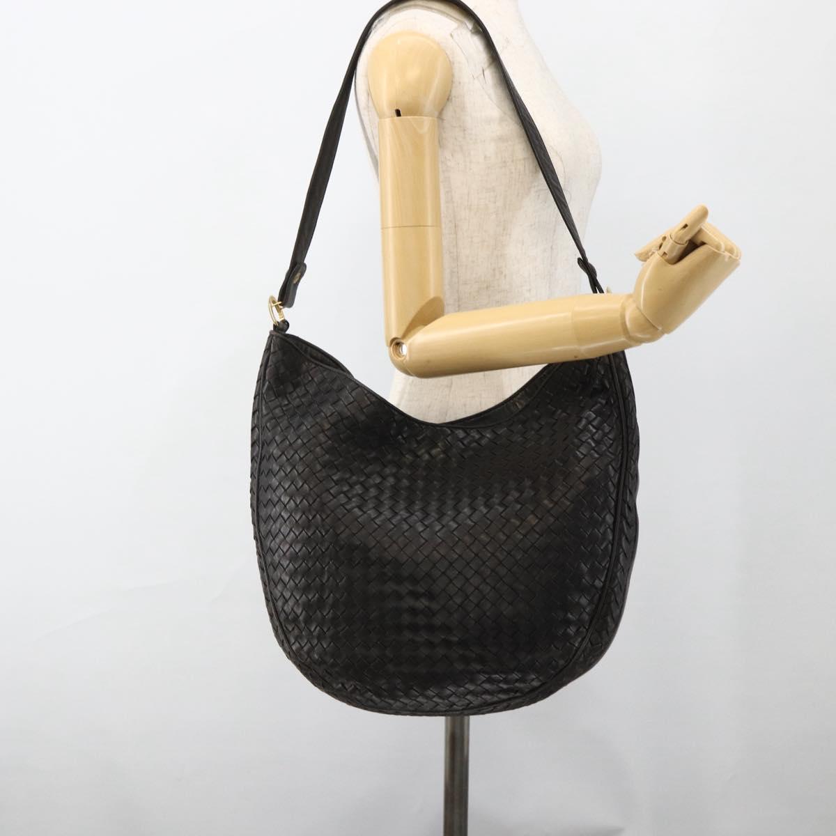 BOTTEGA VENETA INTRECCIATO Shoulder Bag Leather Black Gold Auth BSZ399