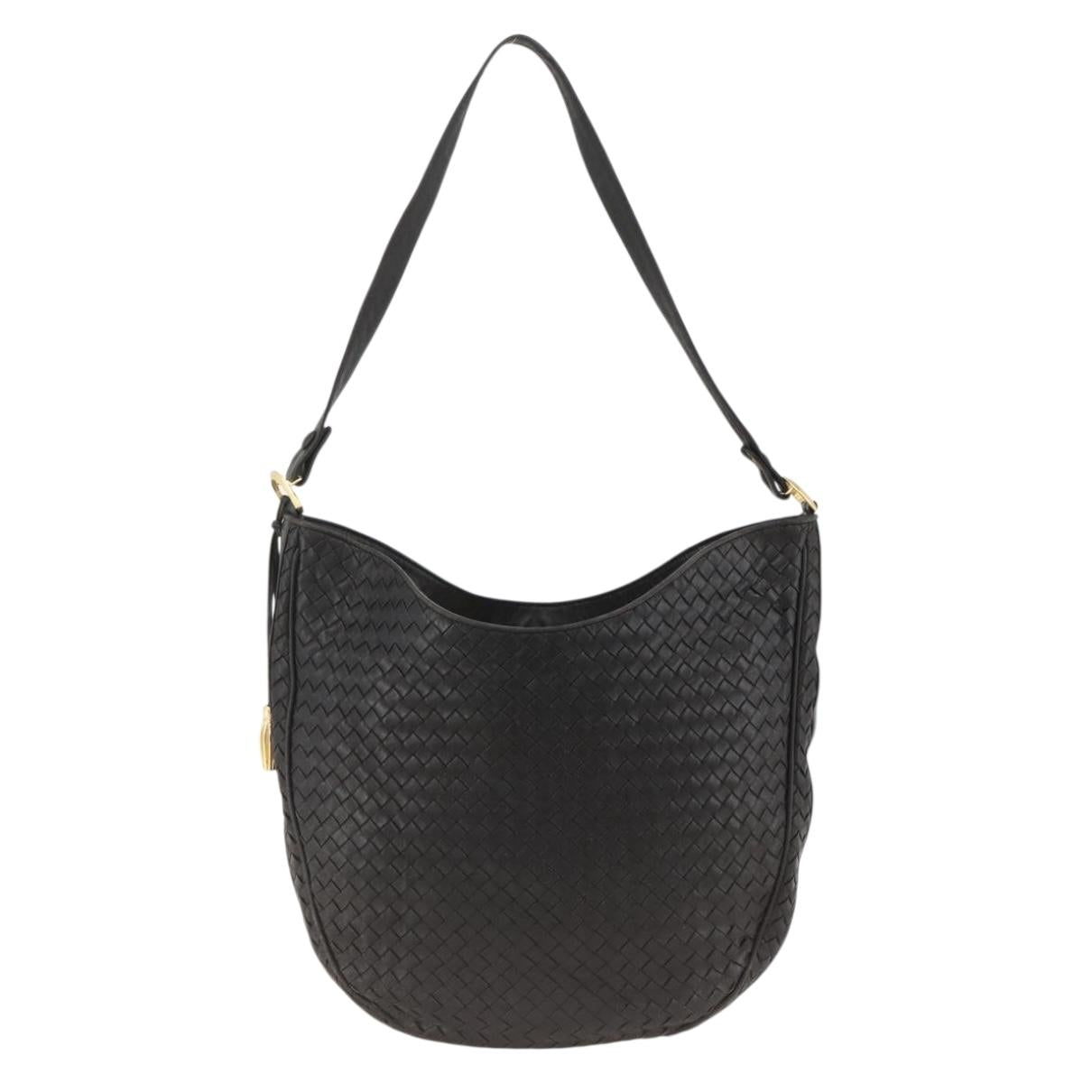 BOTTEGA VENETA INTRECCIATO Shoulder Bag Leather Black Gold Auth BSZ399