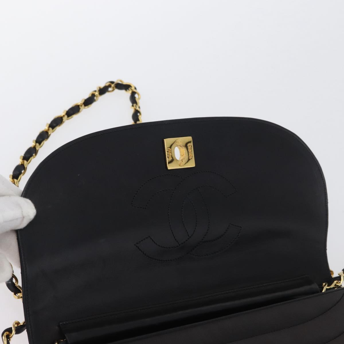 CHANEL Half Moon Chain Shoulder Bag Lamb Skin Black Gold CC Auth BSZ402