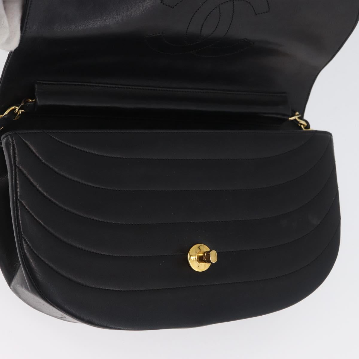 CHANEL Half Moon Chain Shoulder Bag Lamb Skin Black Gold CC Auth BSZ402