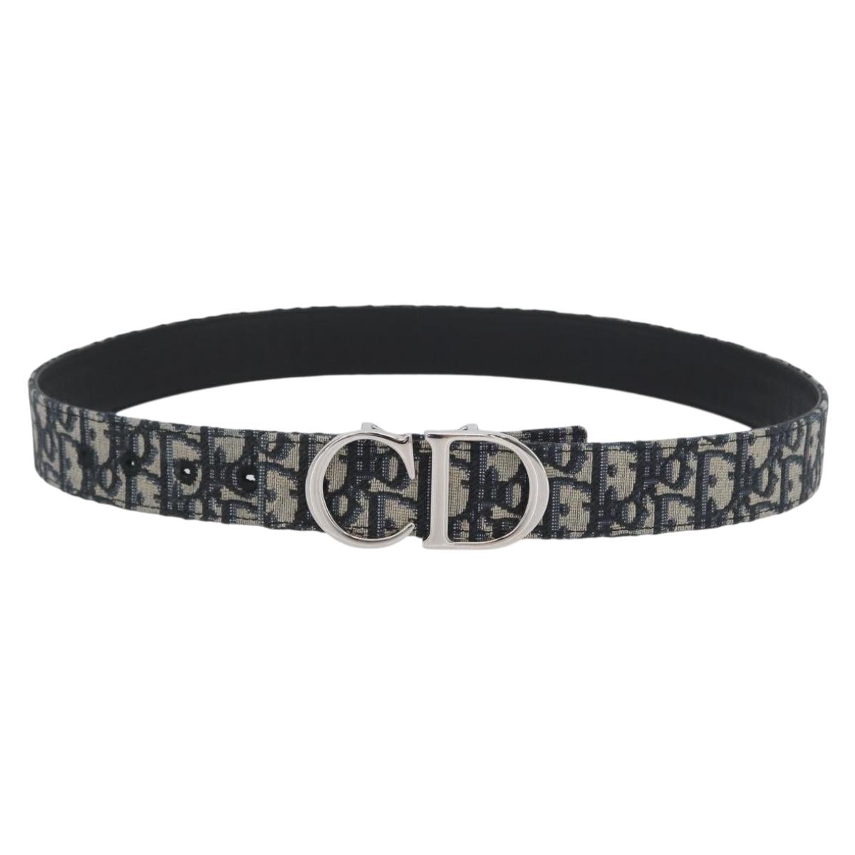 Christian Dior Oblique Trotter Canvas Belt 40.2"" Navy Silver Auth BSZ403M