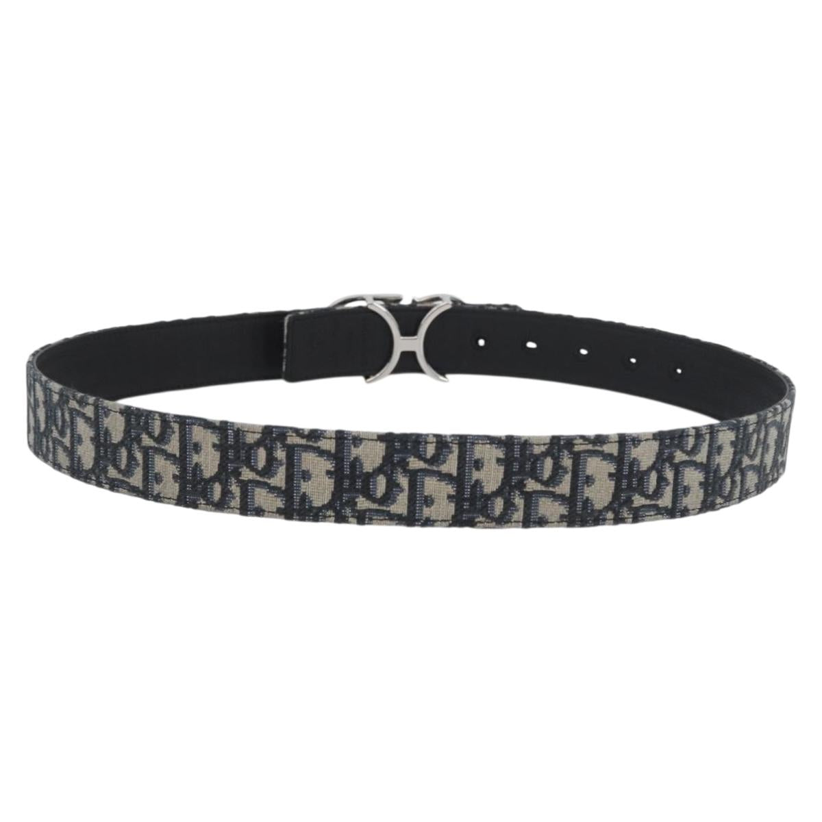 Christian Dior Oblique Trotter Canvas Belt 40.2"" Navy Silver Auth BSZ403M