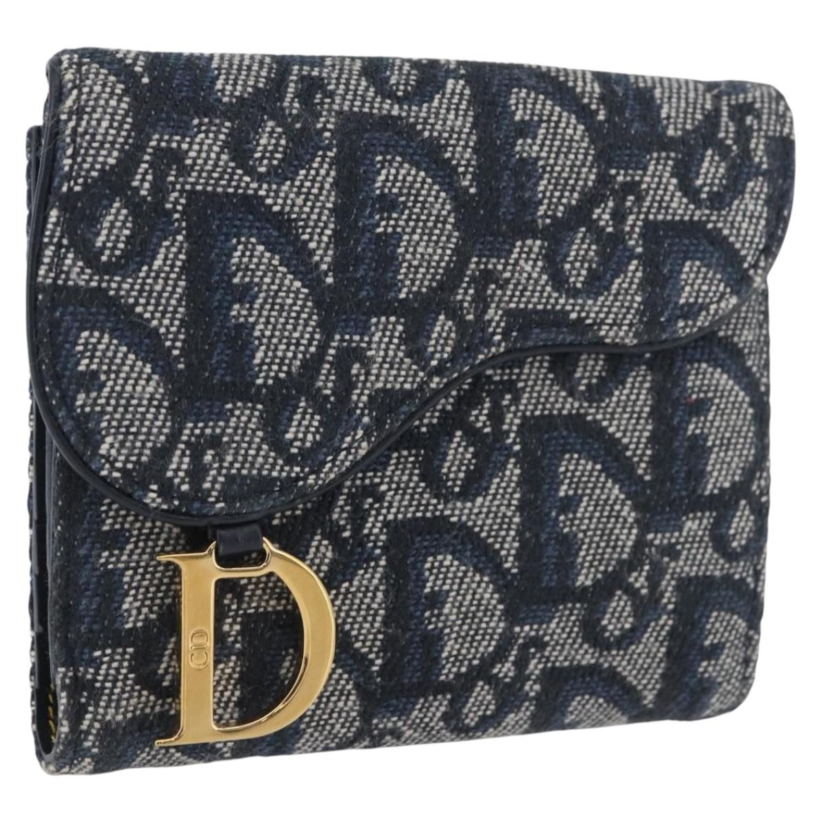 Christian Dior Trotter Canvas Wallet Navy Gold Auth BSZ409V