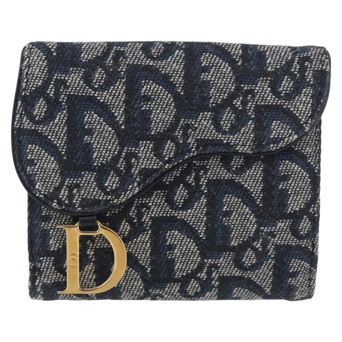 Christian Dior Trotter Canvas Wallet Navy Gold Auth BSZ409V