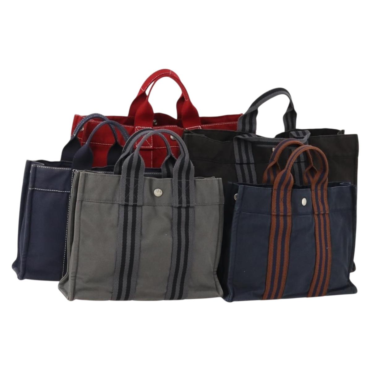 HERMES Fourre Tout Hand Bag Canvas 5 Set Black Red Navy Auth BSZ443