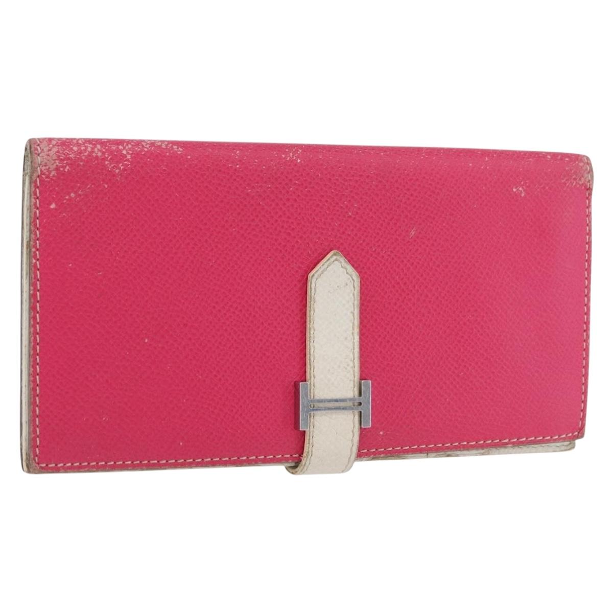 HERMES Bean Soufflé Long Wallet Leather Pink Silver Auth BSZ451