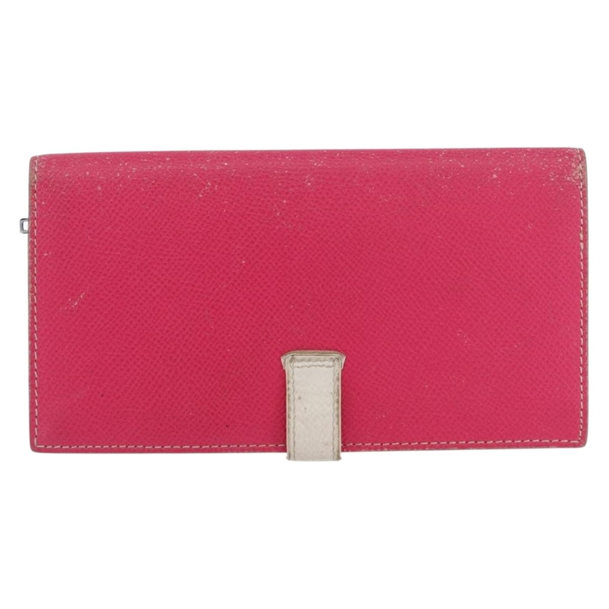 HERMES Bean Soufflé Long Wallet Leather Pink Silver Auth BSZ451