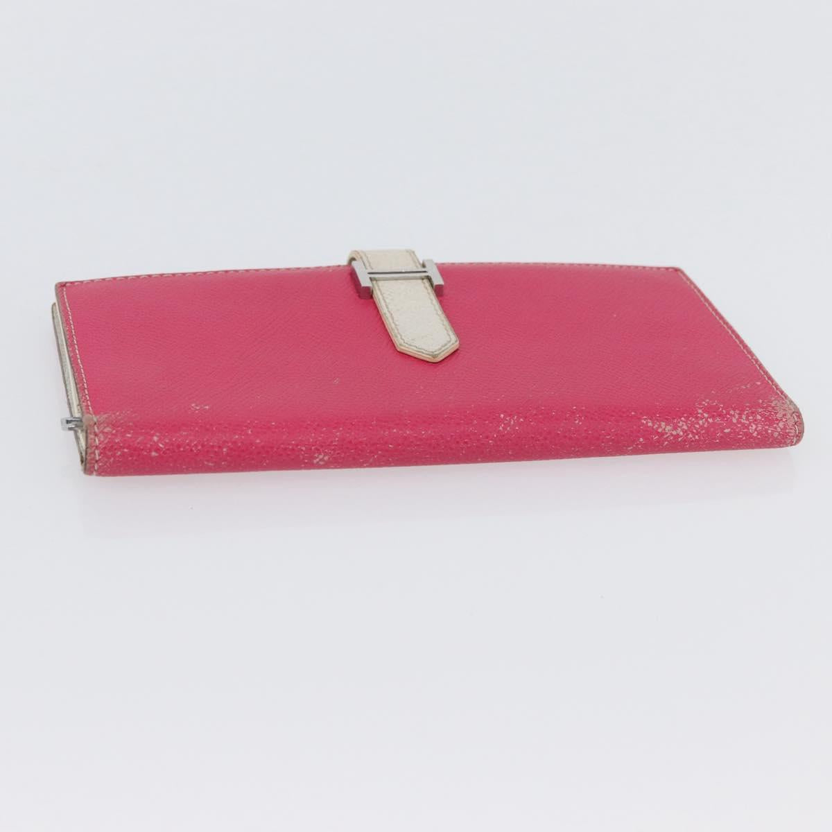 HERMES Bean Soufflé Long Wallet Leather Pink Silver Auth BSZ451