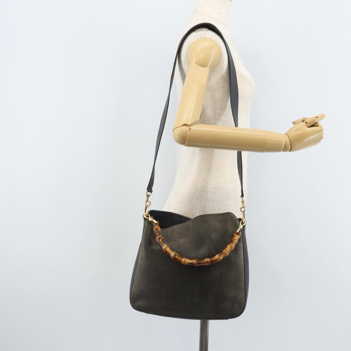 GUCCI Bamboo Hand Bag Leather 2way Black Gold 001 1705 1638 Auth BSZ495