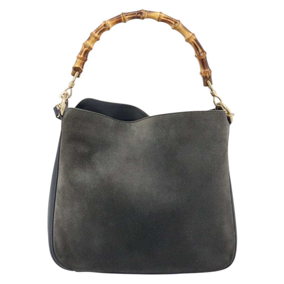 GUCCI Bamboo Hand Bag Leather 2way Black Gold 001 1705 1638 Auth BSZ495