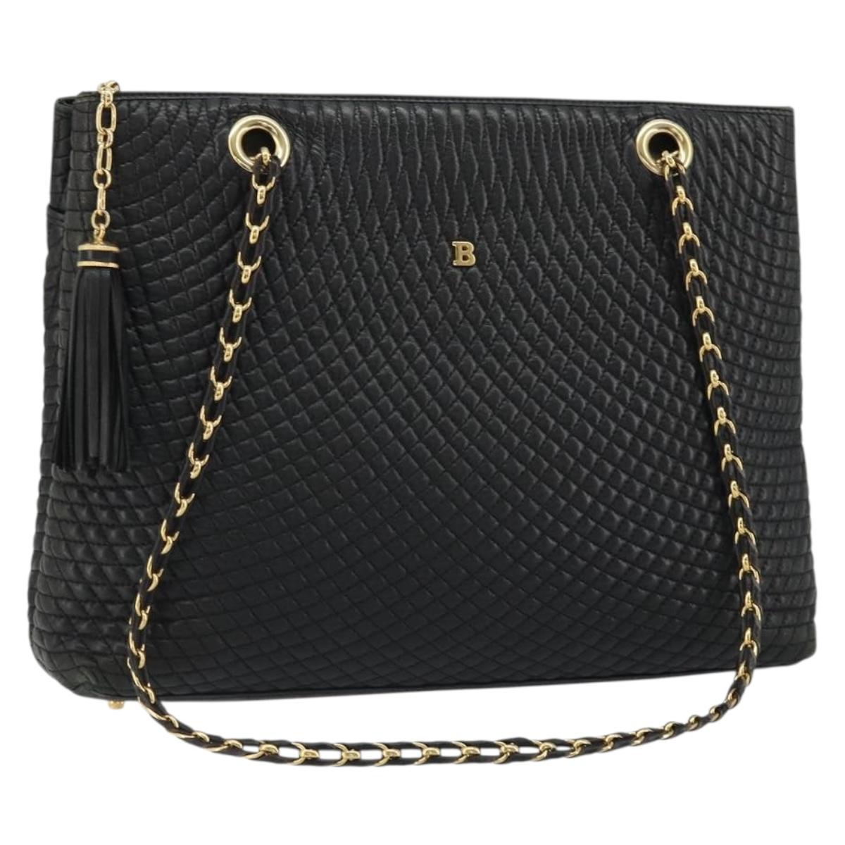 BALLY Chain Shoulder Bag Leather Black Gold Auth BSZ498