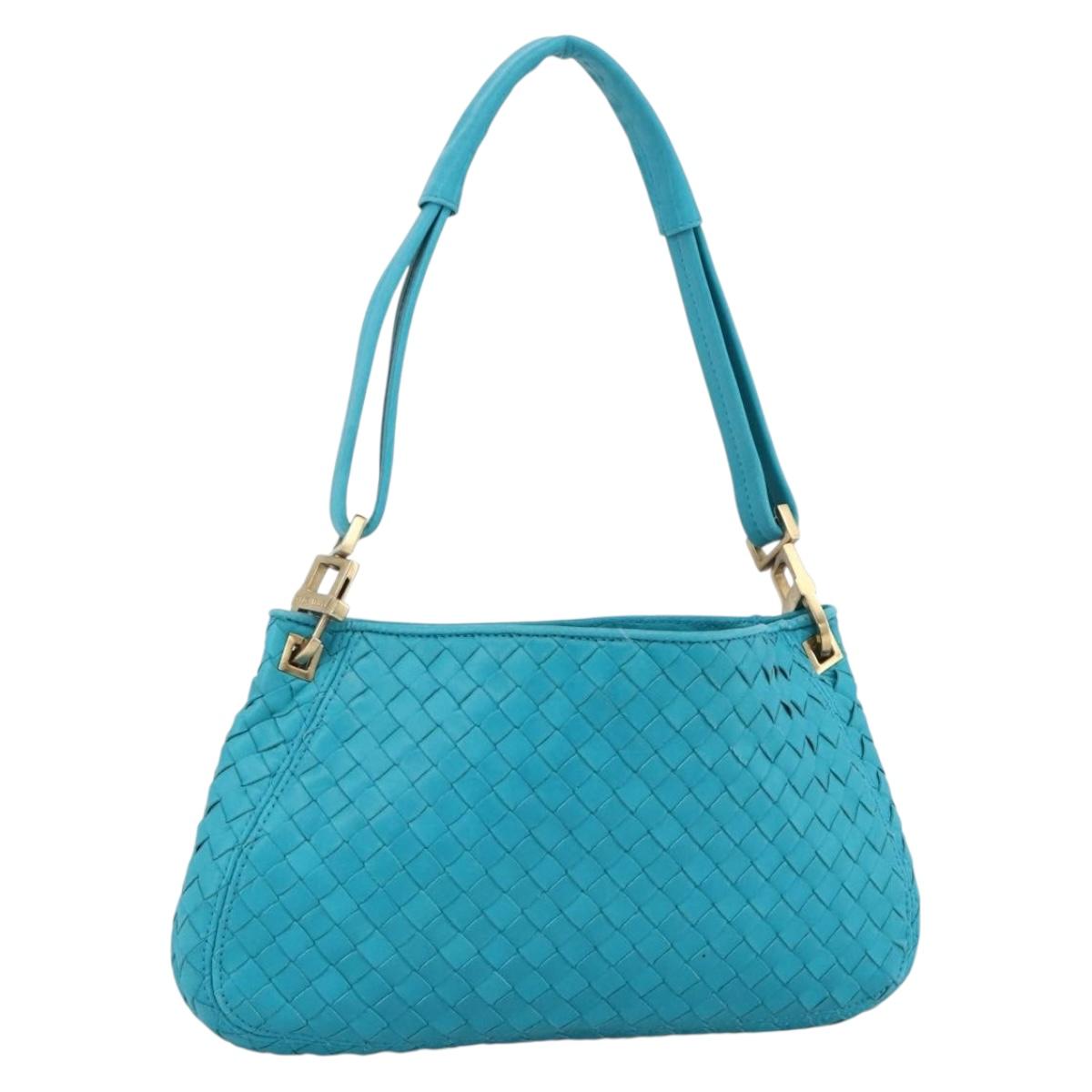 BOTTEGA VENETA INTRECCIATO Shoulder Bag Leather Turquoise Blue Gold Auth BSZ499A