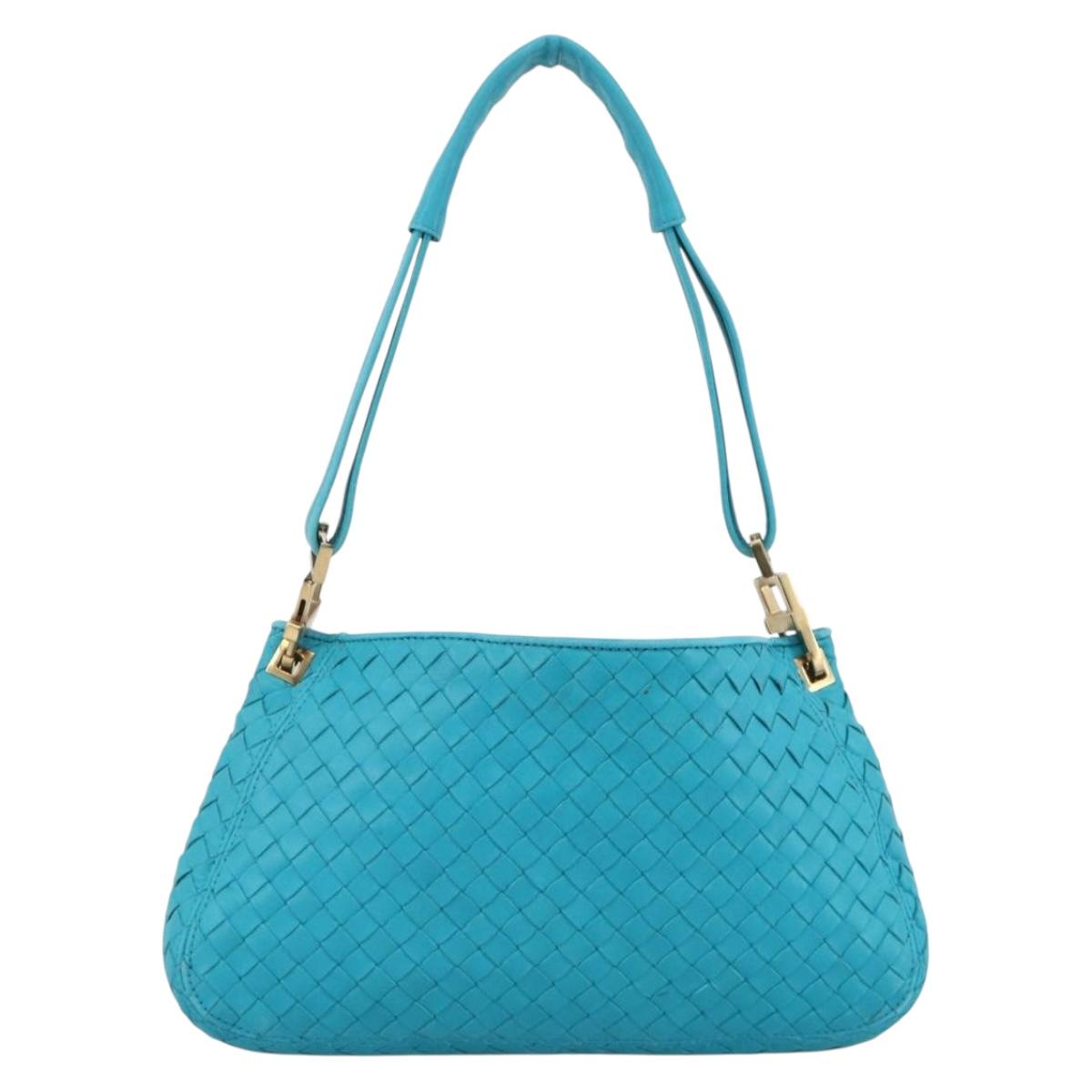 BOTTEGA VENETA INTRECCIATO Shoulder Bag Leather Turquoise Blue Gold Auth BSZ499A