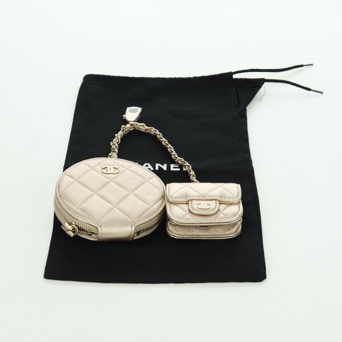 CHANEL Matelasse Air Pods Case & Coin Purse Lamb Skin Gold CC Auth BSZ503SAM