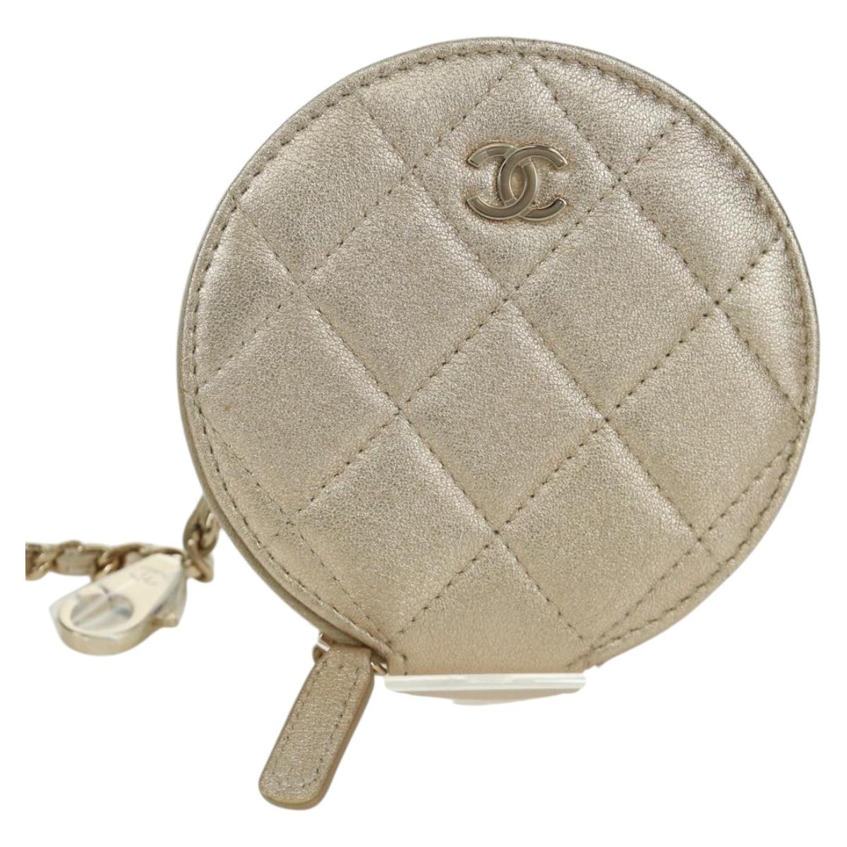 CHANEL Matelasse Air Pods Case & Coin Purse Lamb Skin Gold CC Auth BSZ503SAM