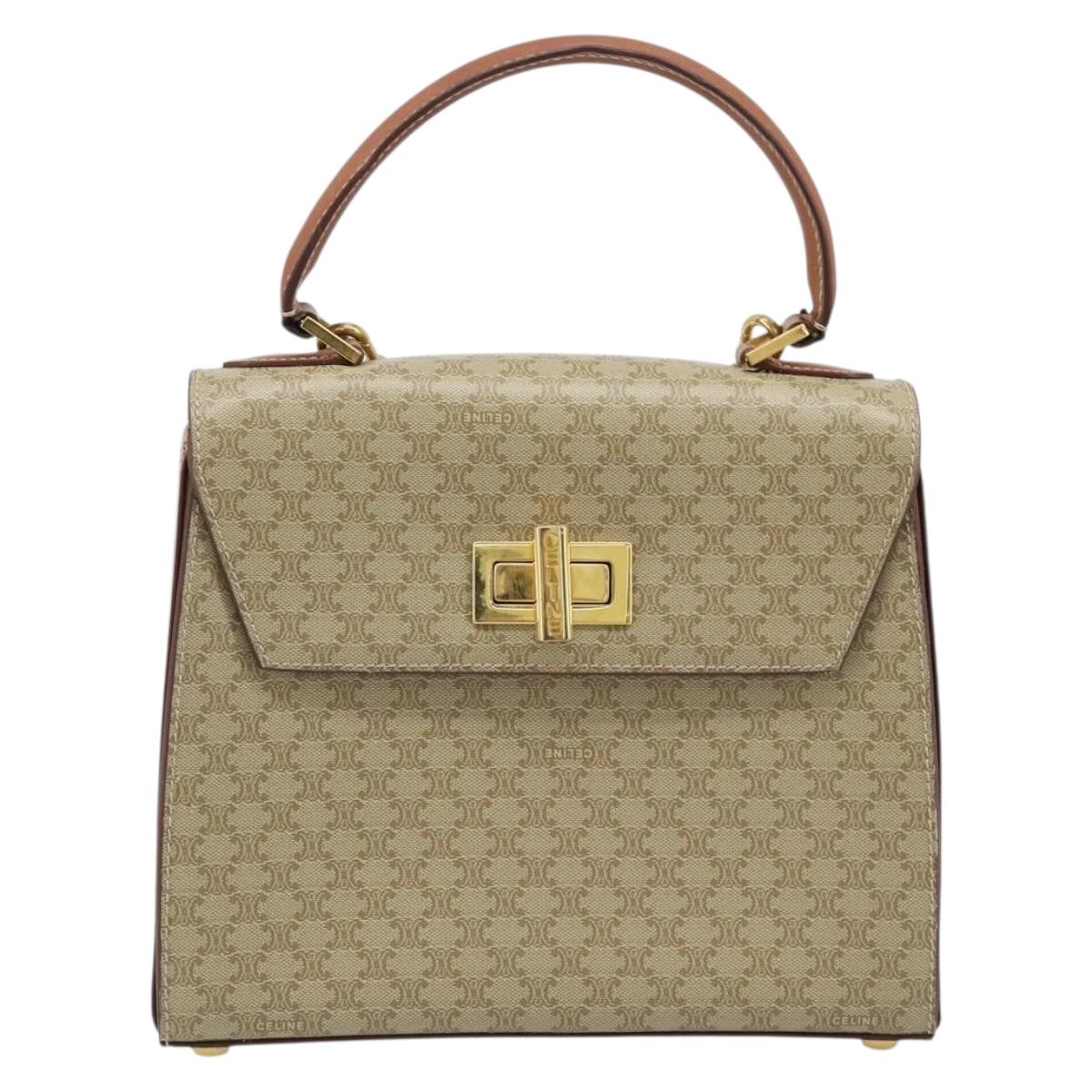 CELINE Macadam Canvas Hand Bag PVC 2way Beige Gold Auth BSZ537A