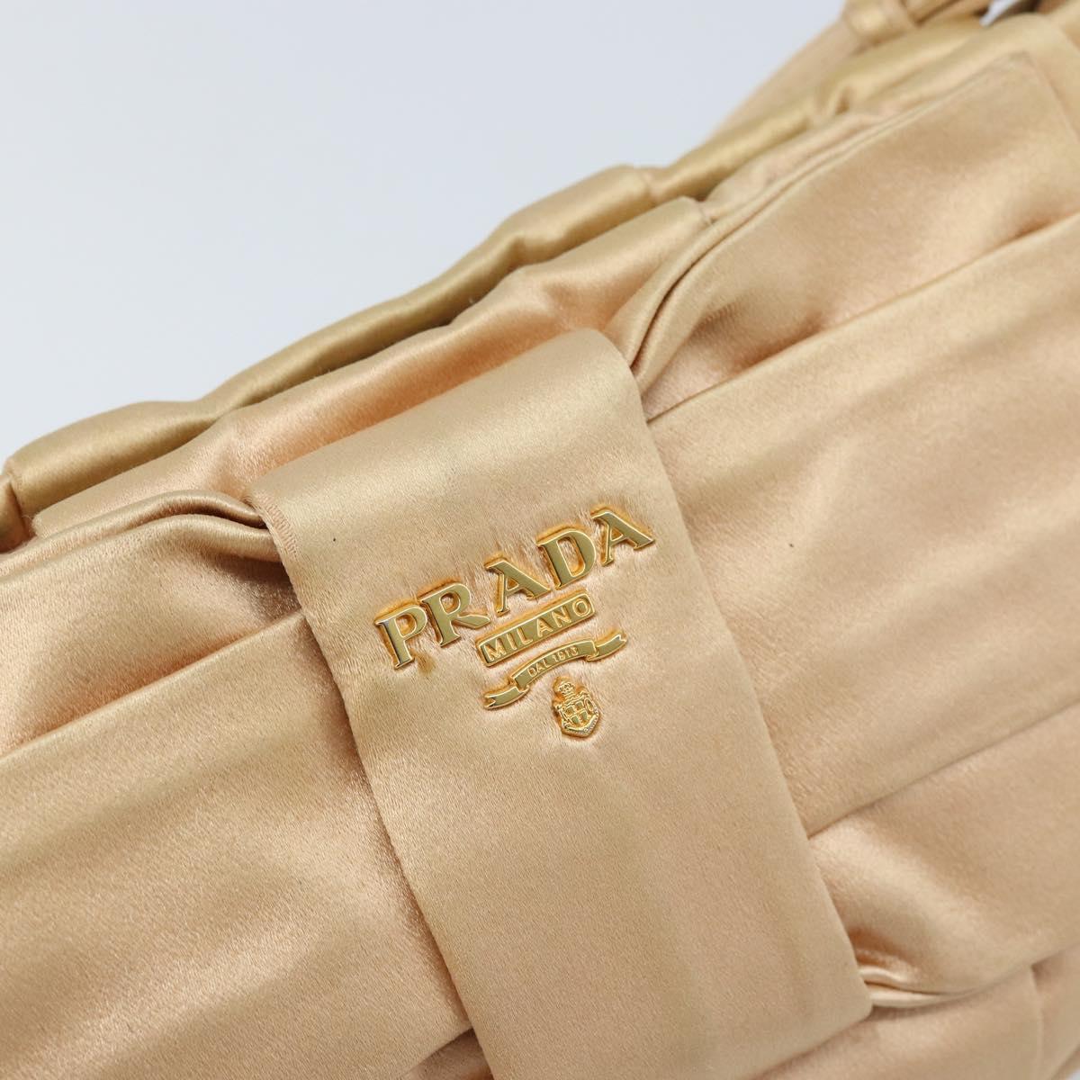 PRADA Ribbon Pouch Satin Beige Gold Auth BSZ565