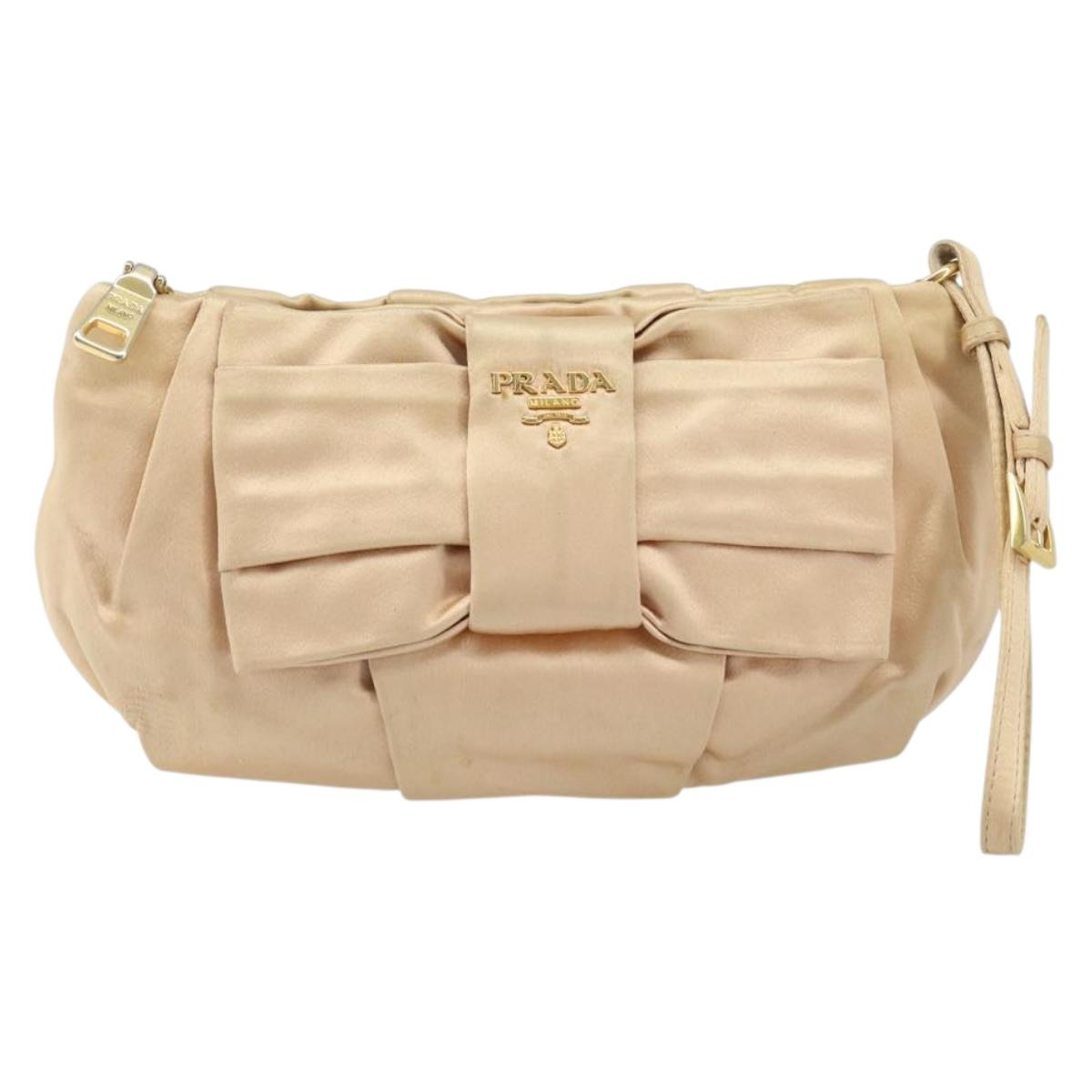 PRADA Ribbon Pouch Satin Beige Gold Auth BSZ565