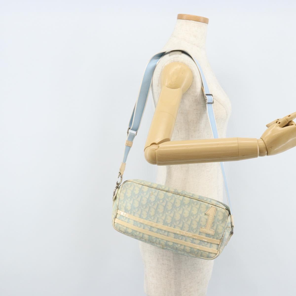 Christian Dior Trotter Canvas Shoulder Bag PVC Light Blue Silver Auth BSZ617