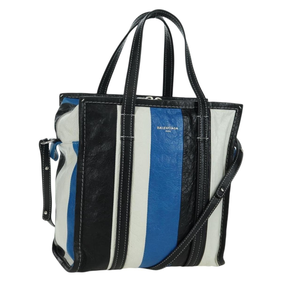 BALENCIAGA Bazaar Shopper S Bag Leather 2way Blue Silver 443096 Auth BSZ626V