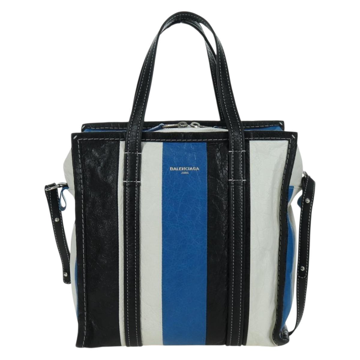 BALENCIAGA Bazaar Shopper S Bag Leather 2way Blue Silver 443096 Auth BSZ626V