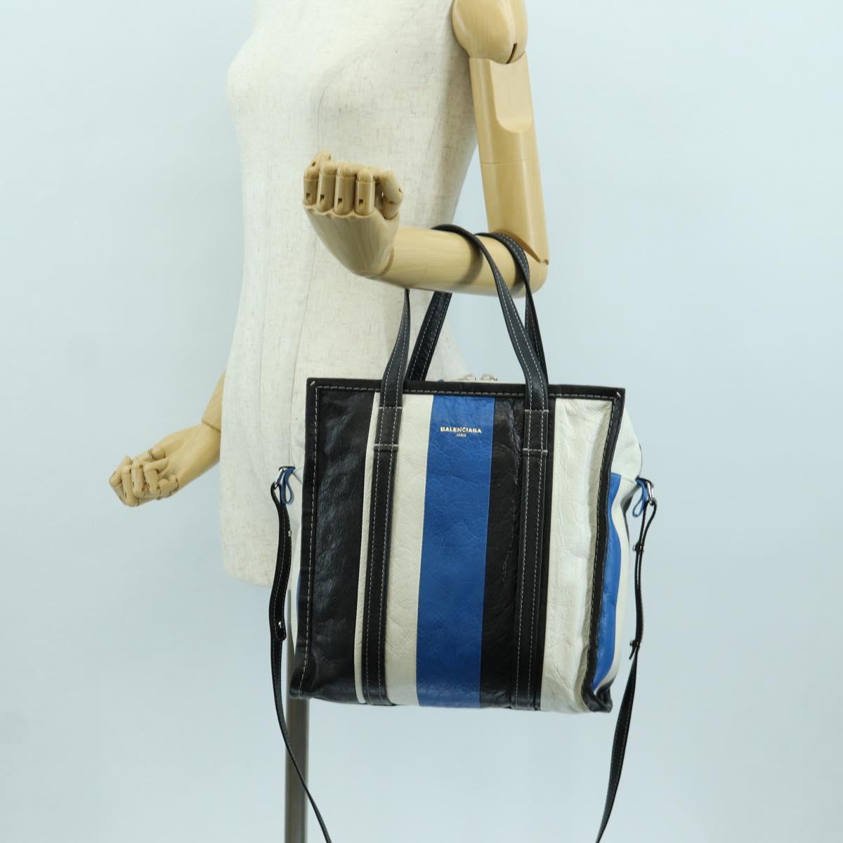 BALENCIAGA Bazaar Shopper S Bag Leather 2way Blue Silver 443096 Auth BSZ626V