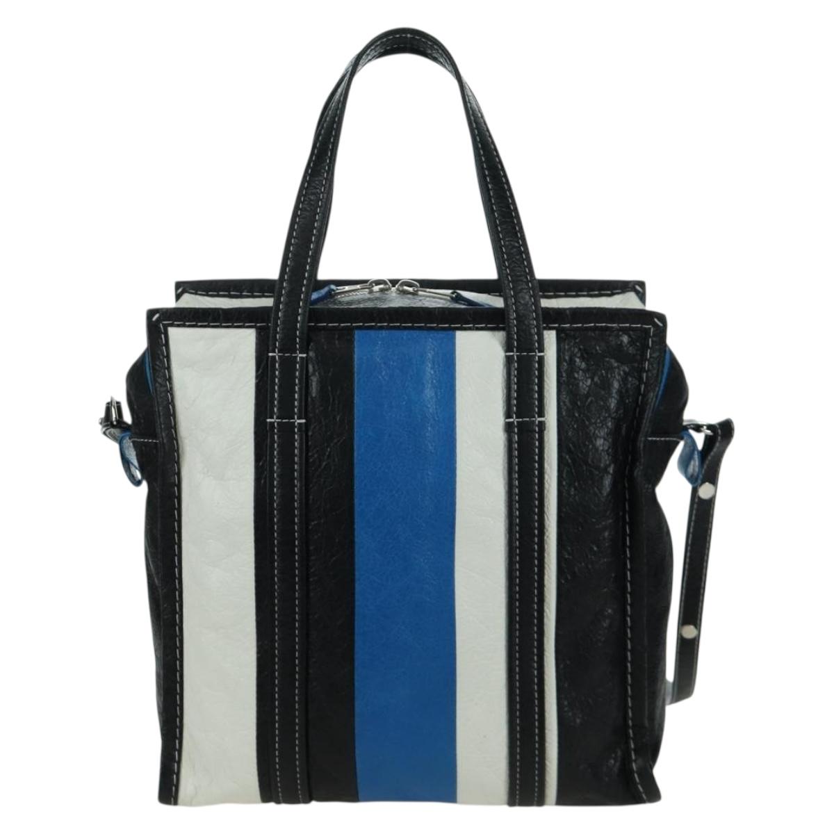 BALENCIAGA Bazaar Shopper S Bag Leather 2way Blue Silver 443096 Auth BSZ626V