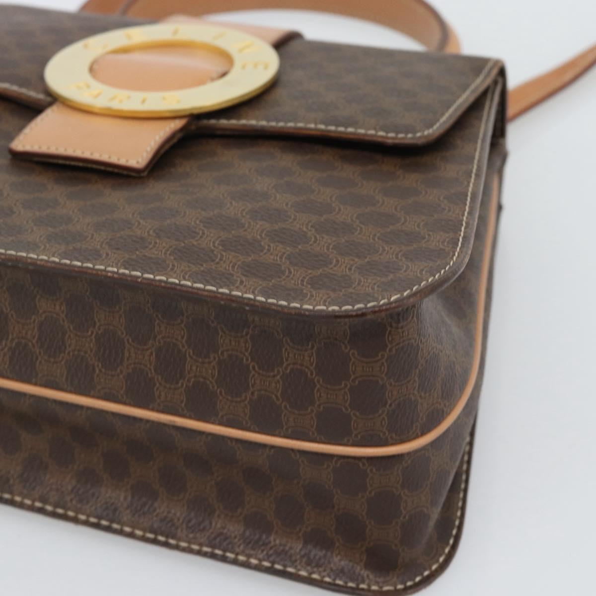CELINE Macadam Canvas Circle Hand Bag PVC Leather 2way Brown Gold Auth BSZ648V