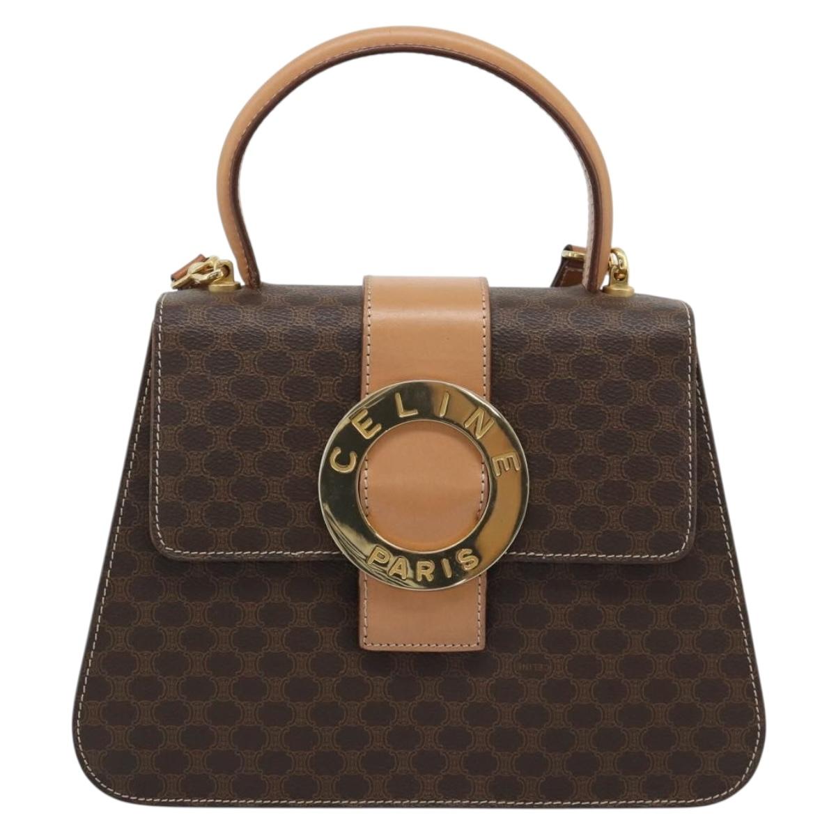 CELINE Macadam Canvas Circle Hand Bag PVC Leather 2way Brown Gold Auth BSZ648V