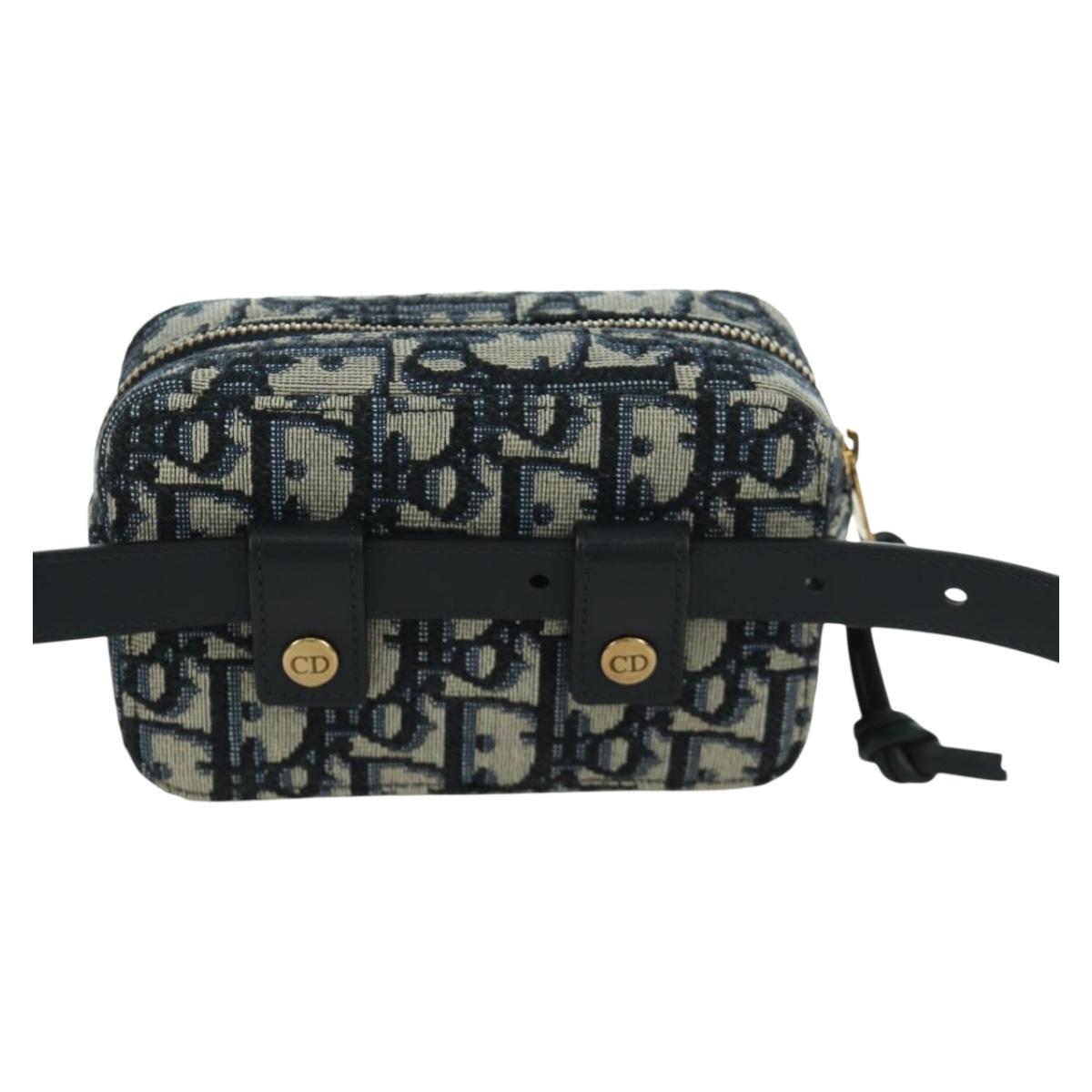 Christian Dior Trotter Canvas Waist Bag Navy Gold Auth BSZ700M