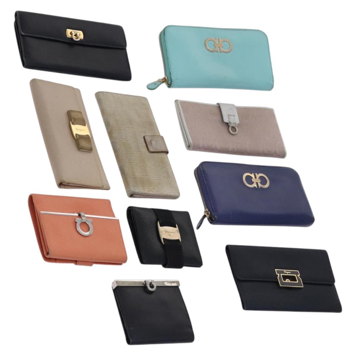 Salvatore Ferragamo Gancini Wallet Leather 10set Blue Black white Auth CB018