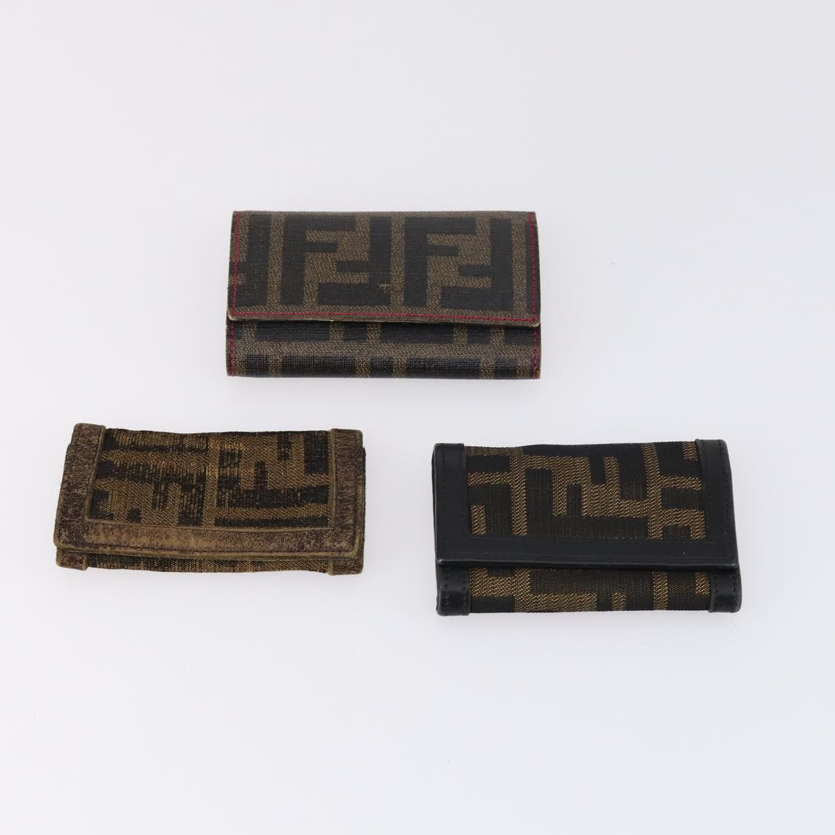 FENDI Zucchino Key Case Leather Canvas PVC 10set Brown Black Auth CB113