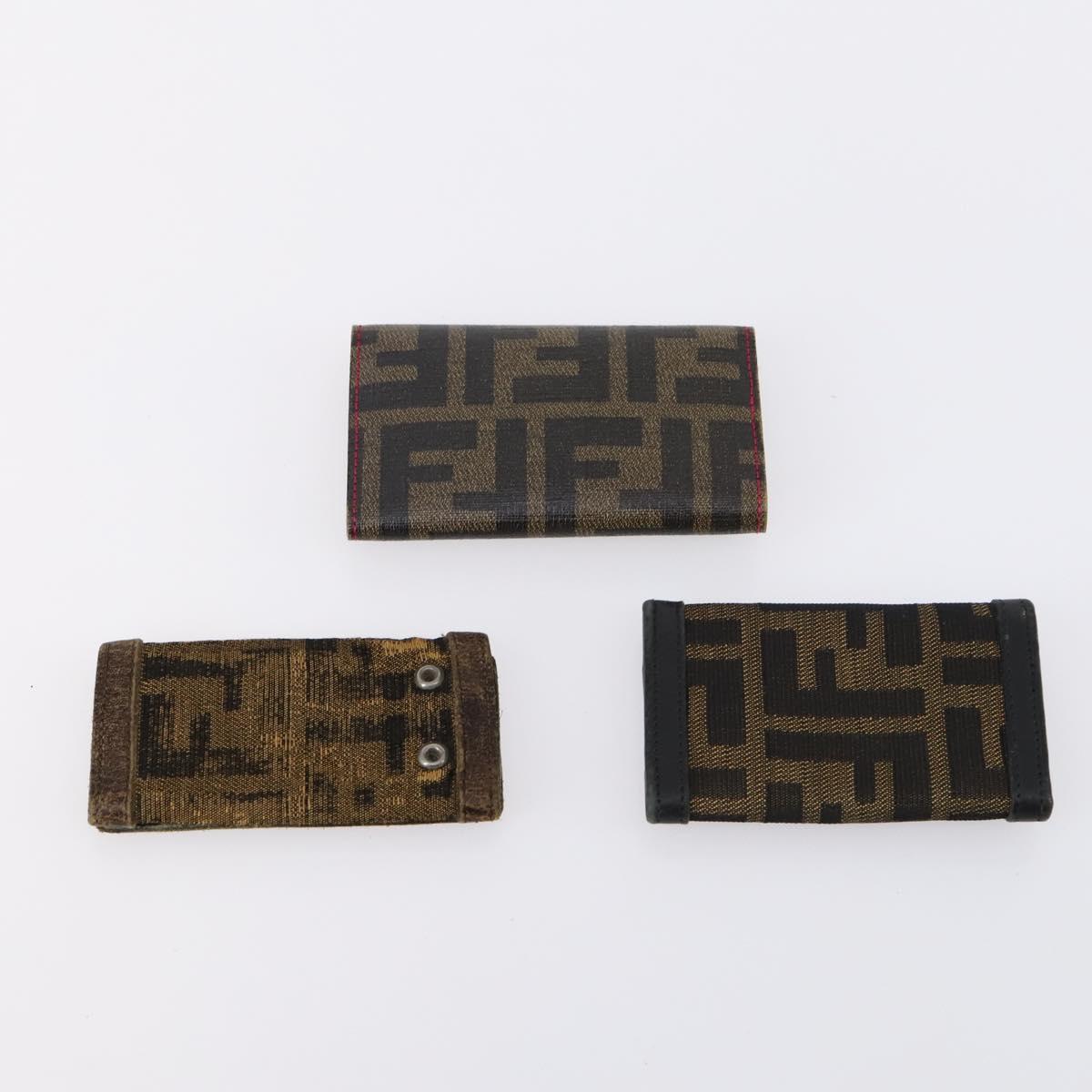 FENDI Zucchino Key Case Leather Canvas PVC 10set Brown Black Auth CB113