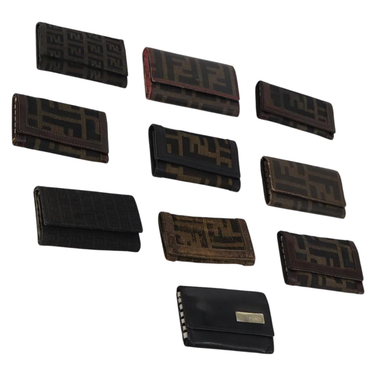 FENDI Zucchino Key Case Leather Canvas PVC 10set Brown Black Auth CB113