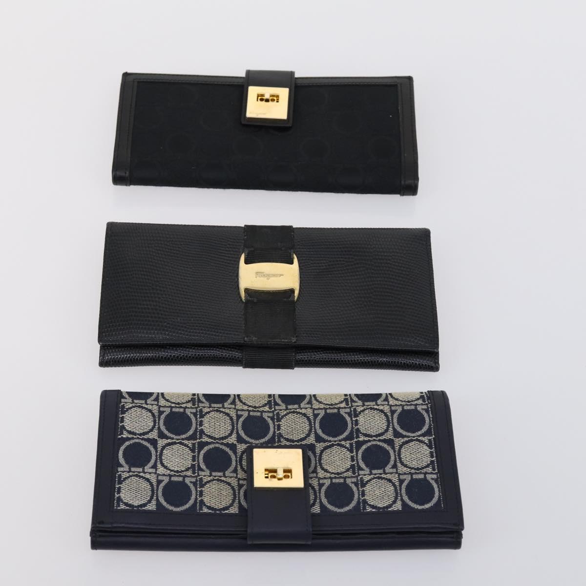 Salvatore Ferragamo Gancini Wallet Leather Canvas 10 Set Black Silver Auth CB133
