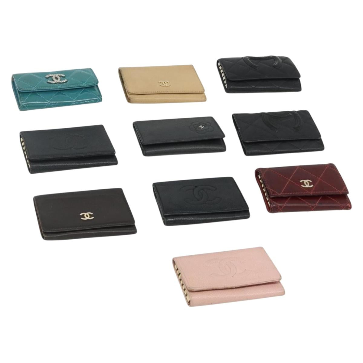 CHANEL Key Case Caviar Skin 10 Set Black Beige pink CC Auth CB195