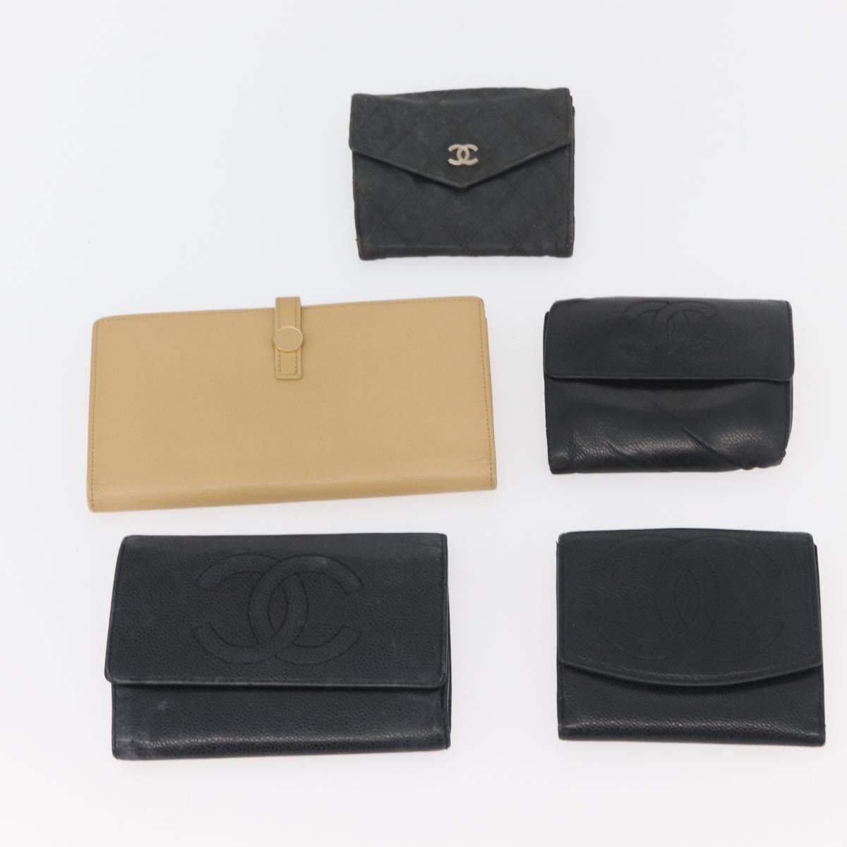 CHANEL Wallet Lamb Skin 10 Set Black White beige CC Auth CB256
