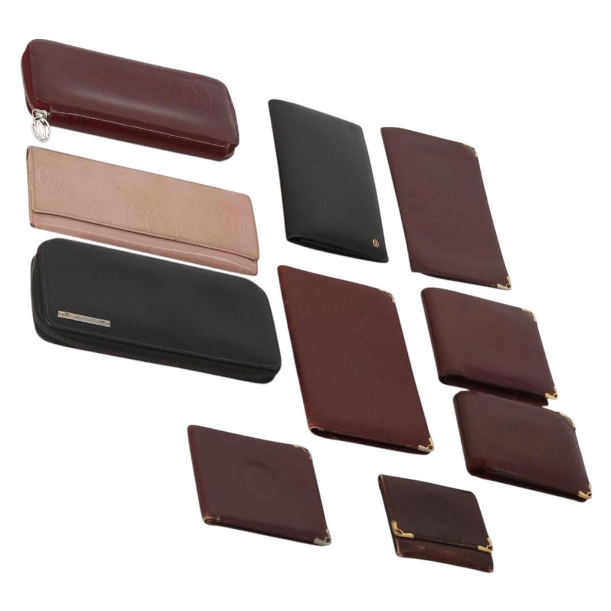 CARTIER Wallet Leather 10 Set Black Bordeaux pink Auth CB296