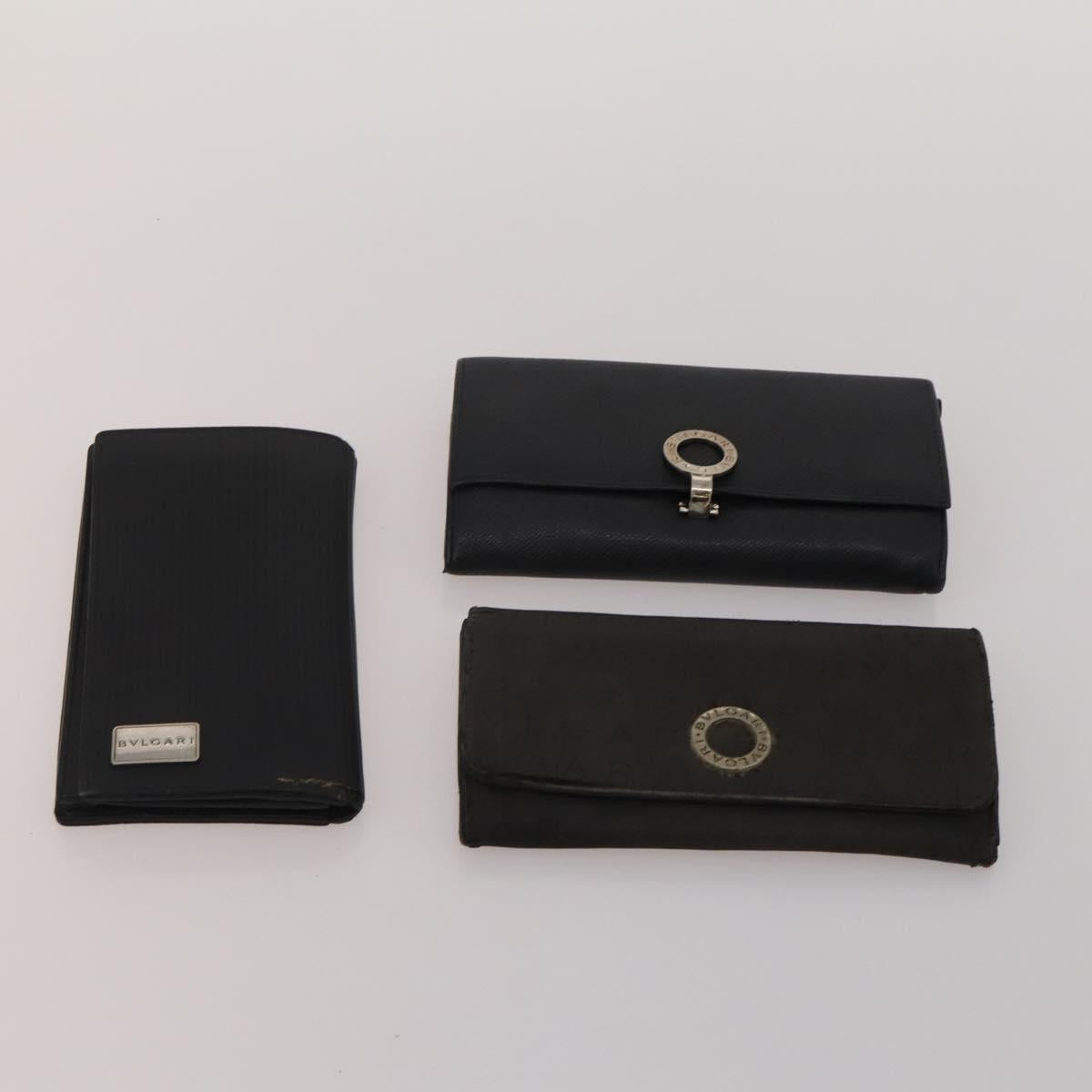 BVLGARI Wallet Leather Canvas 10 Set Black Navy beige Auth CB297