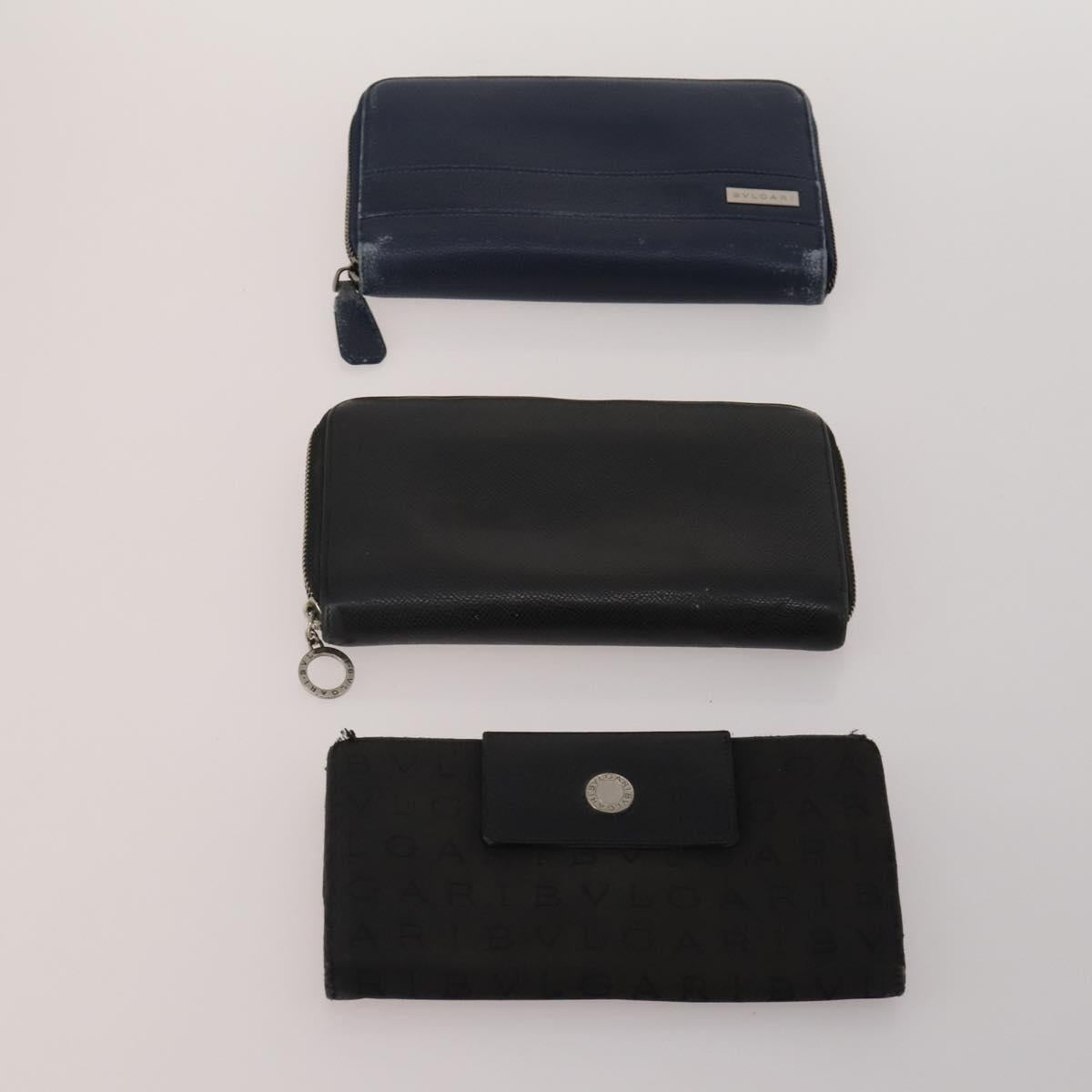 BVLGARI Wallet Leather Canvas 10 Set Black Navy beige Auth CB297
