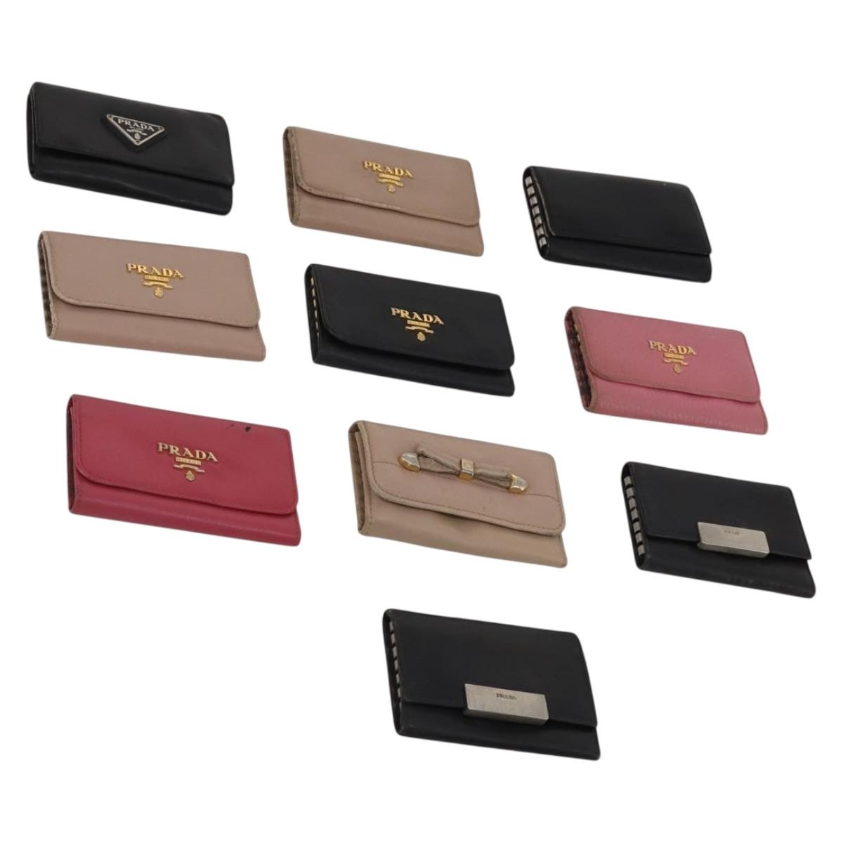 PRADA Key Case Saffiano leather 10 Set Black Beige Auth CB308