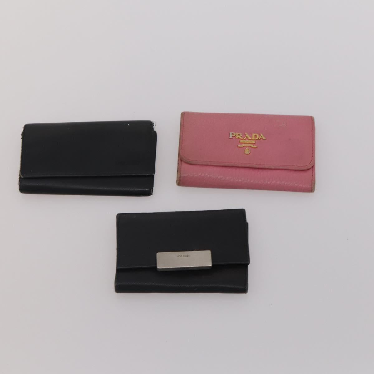 PRADA Key Case Saffiano leather 10 Set Black Beige Auth CB308