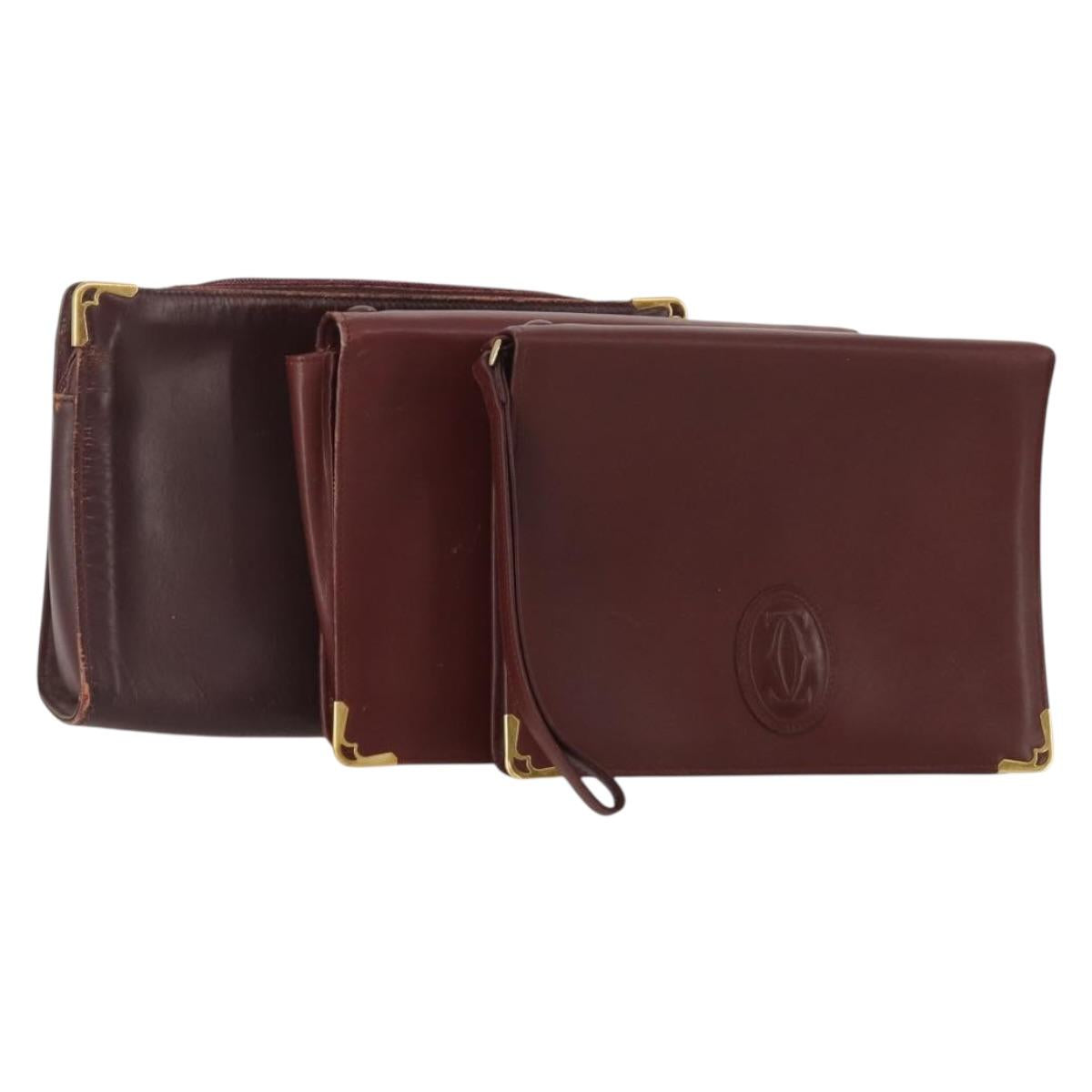 CARTIER Clutch Bag Leather 3 Set Bordeaux Gold Tone Auth CB311