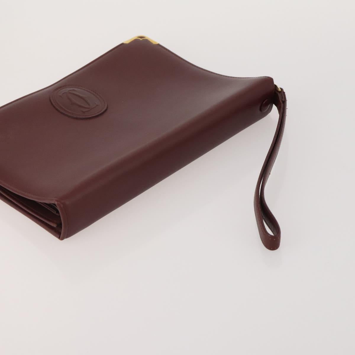 CARTIER Clutch Bag Leather 3 Set Bordeaux Gold Tone Auth CB311
